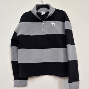 Victoria's Secret‎ Pink Striped Gray fleece Sweatshirt Sz M 1/4 Zip Pullover Y2K